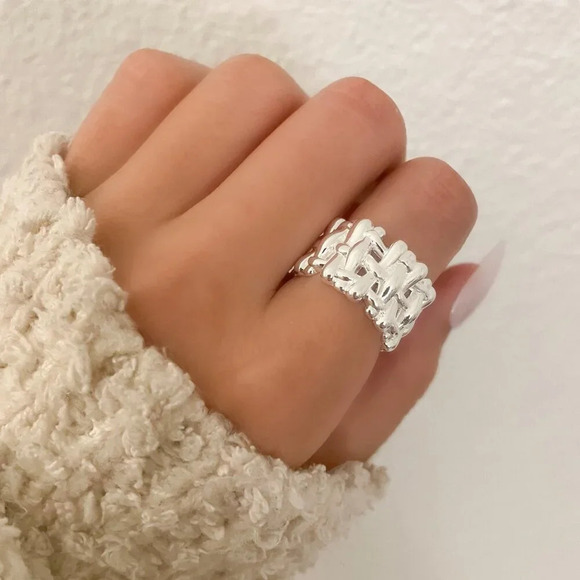 925 Sterling Silver Chunky Bold Statement Ring Thick Wide Ring Woven Ring Band - Picture 3 of 9